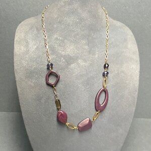 Funky Asymmetrical Rings Necklace 30 In Purple Wood Grain Gold Chain Blue Beads